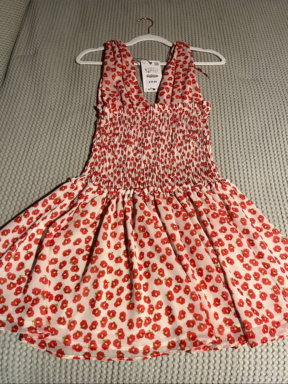 Zara White and Red Floral Smocked Dress
